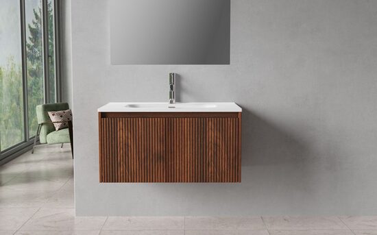 Vannasistabas skapis ar izlietni un porcelāna virsmu, 80 cm, viena atvilktne, tumšs tīkkoks