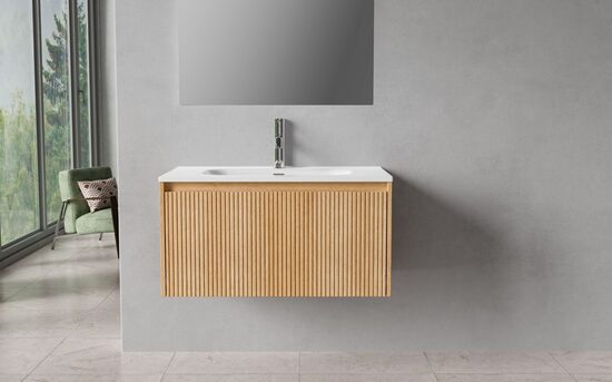 Vannasistabas skapis ar izlietni un porcelāna virsmu, 80 cm, viena atvilktne, gaišs tīkkoks