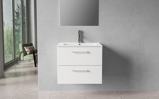 Kylpyhuonekaappi, 60 cm, mattavalkoinen, 2 laatikkoa, kromiset vetimet