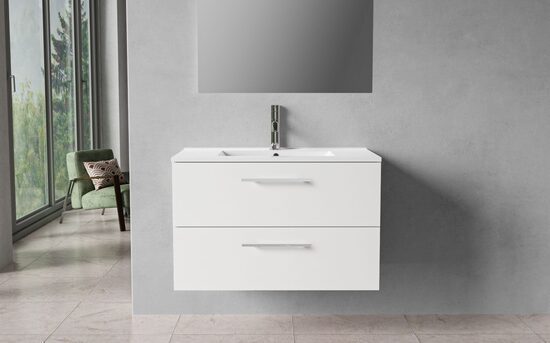 Kylpyhuonekaappi, 80 cm, mattavalkoinen, 2 laatikkoa, kromiset vetimet