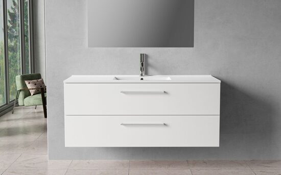 Kylpyhuonekaappi, 120 cm, mattavalkoinen, 2 laatikkoa, kromiset vetimet