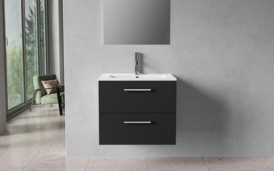 Kylpyhuonekaappi, 60 cm, mattamusta, 2 laatikkoa, kromiset vetimet