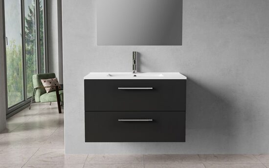 Kylpyhuonekaappi, 80 cm, mattamusta, 2 laatikkoa, kromiset vetimet