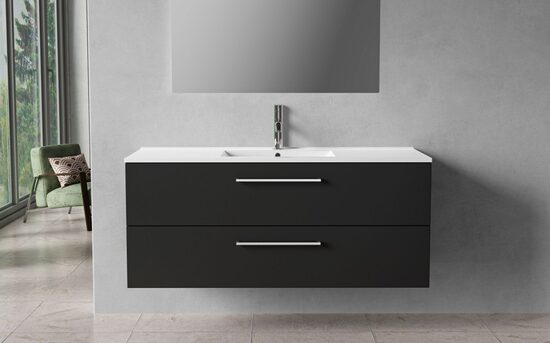 Kylpyhuonekaappi, 120 cm, mattamusta, 2 laatikkoa, kromiset vetimet