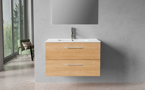 Kylpyhuonekaappi, 80 cm, lämmin tammi, 2 laatikkoa, kromikahvat