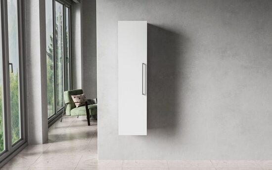 Kylpyhuoneen sivukaappi, 30 x 28 x 120 cm, mattavalkoinen, yksi ovi, 3 hyllyä